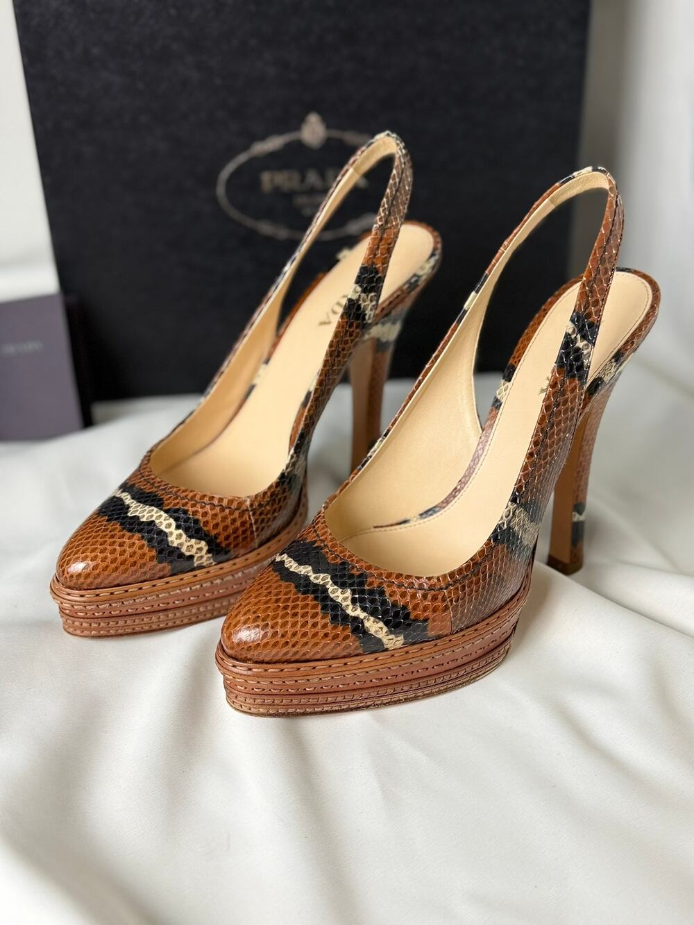Prada SS 2009 Runway Python Platform Slingback Pumps EU 40.5 Brown